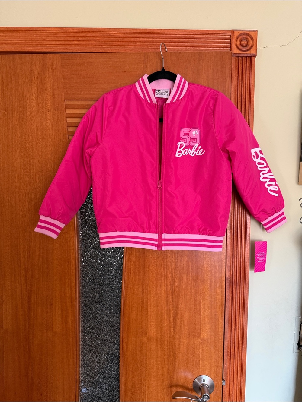 Barbie Bright Pink Striped-Trim Bomber Jacket